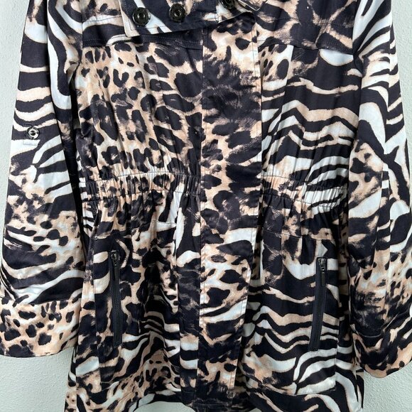 Puli Jacket Size M Black Tan Cinch Waist Zip Snap Animal Print Roll Tab Sleeve - Picture 3 of 13
